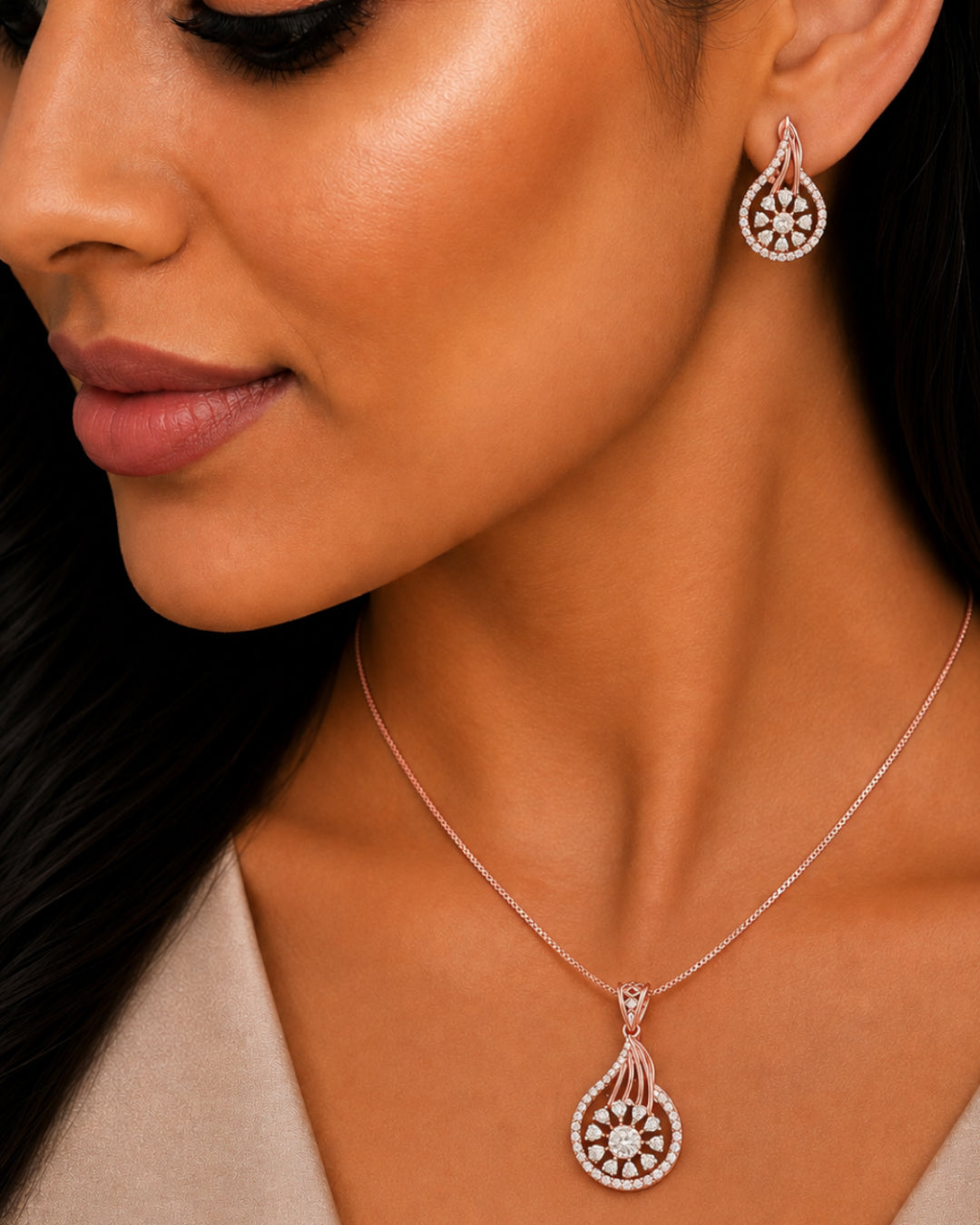 Elegant teardrop pendant with matching stud earrings