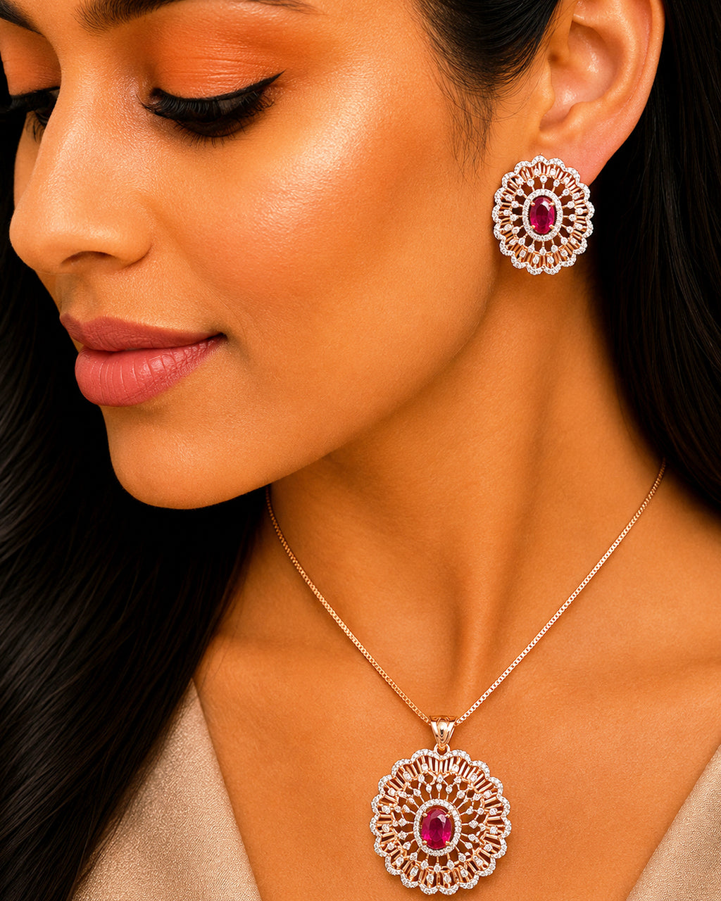 Ruby & Diamond Floral Pendant Set