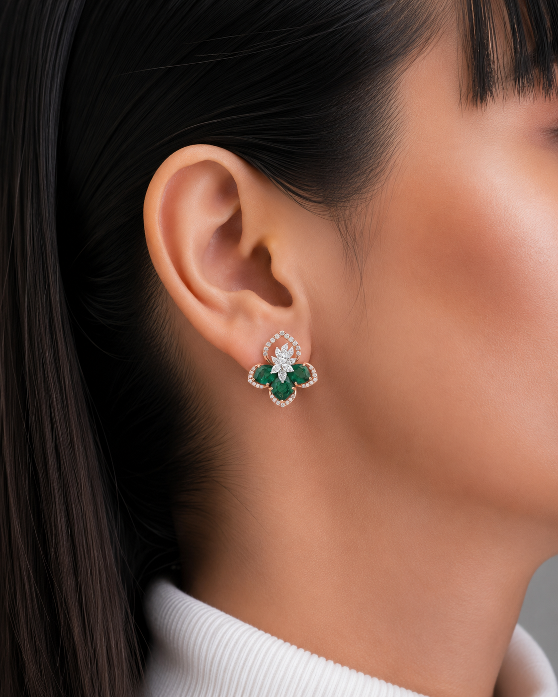 Emerald Blossom Diamond Stud Earrings
