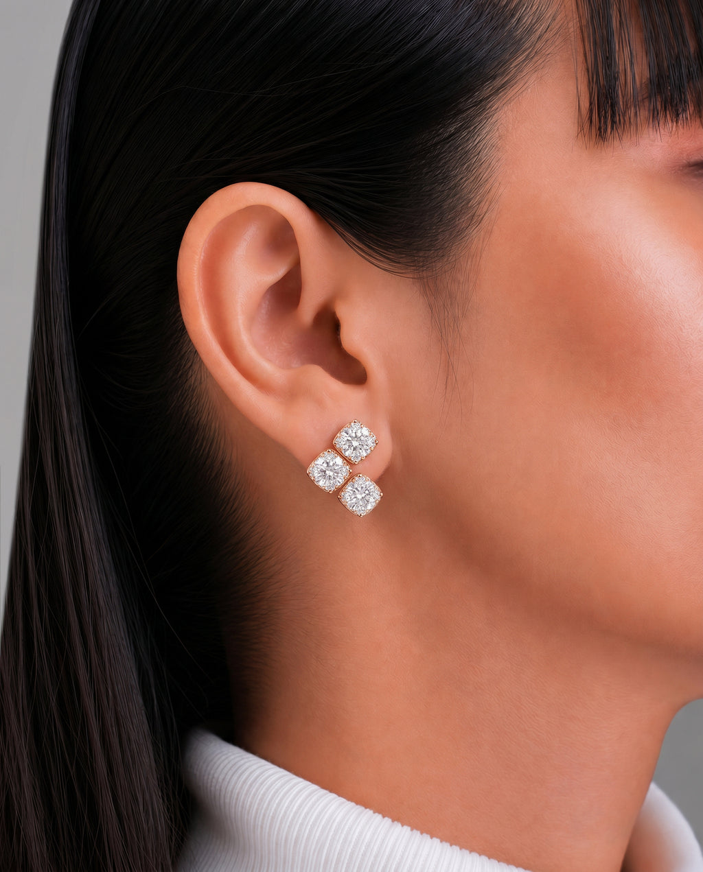 Diamond Trio Square Stud Earrings