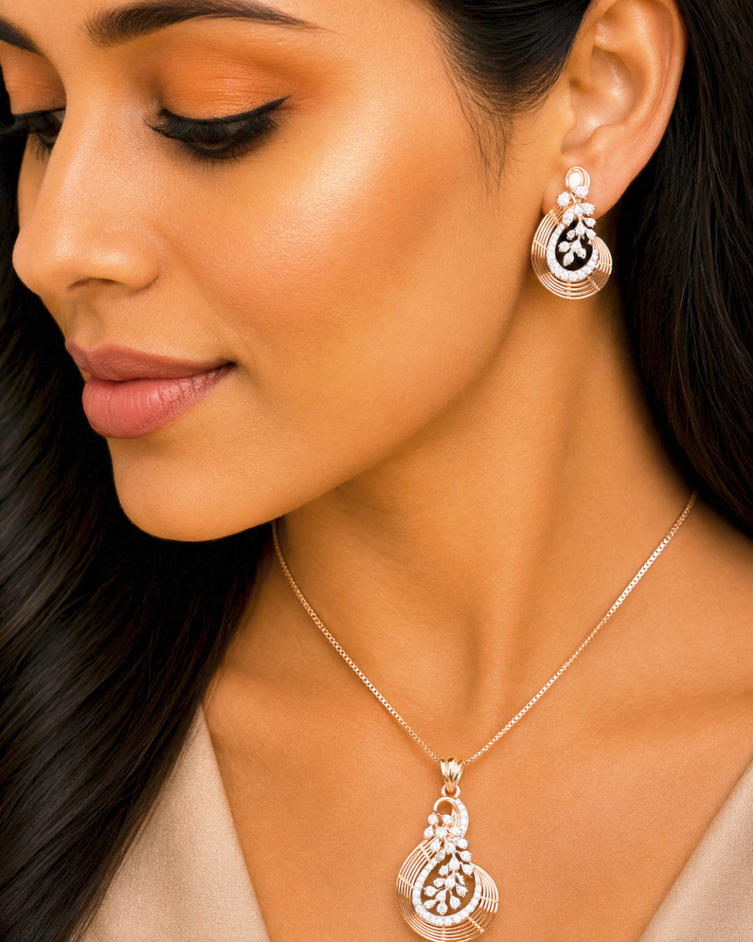 14K Rose Gold Diamond Floral Teardrop Pendant Set