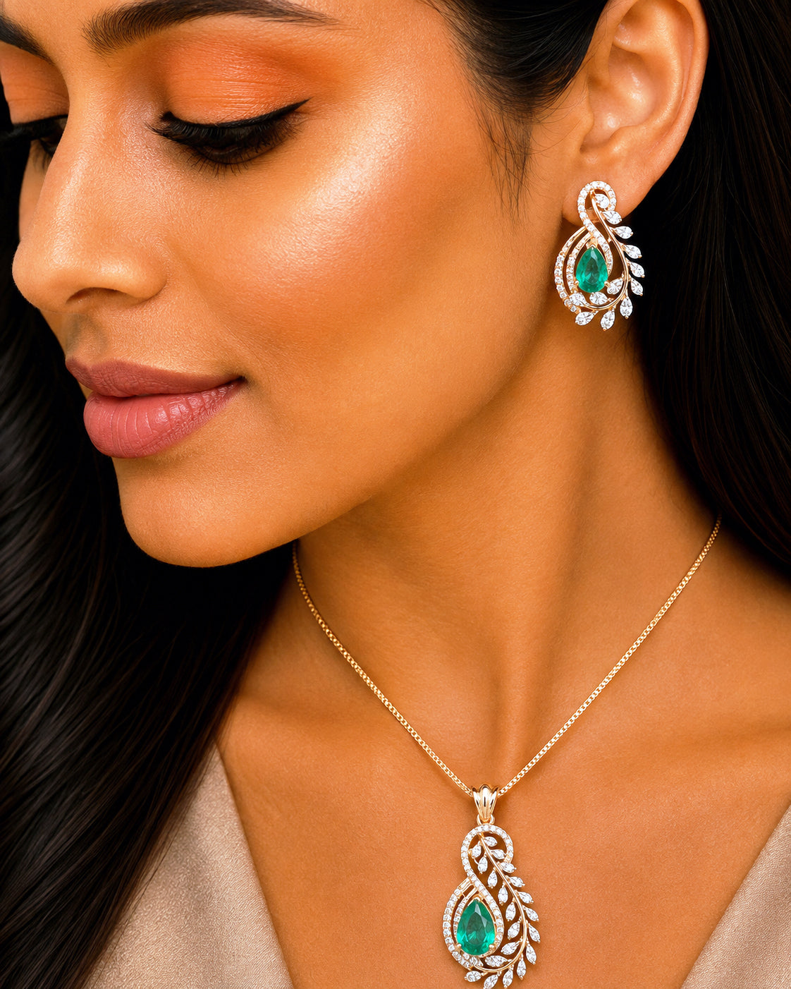 Emerald & Diamond Paisley Pendant Set