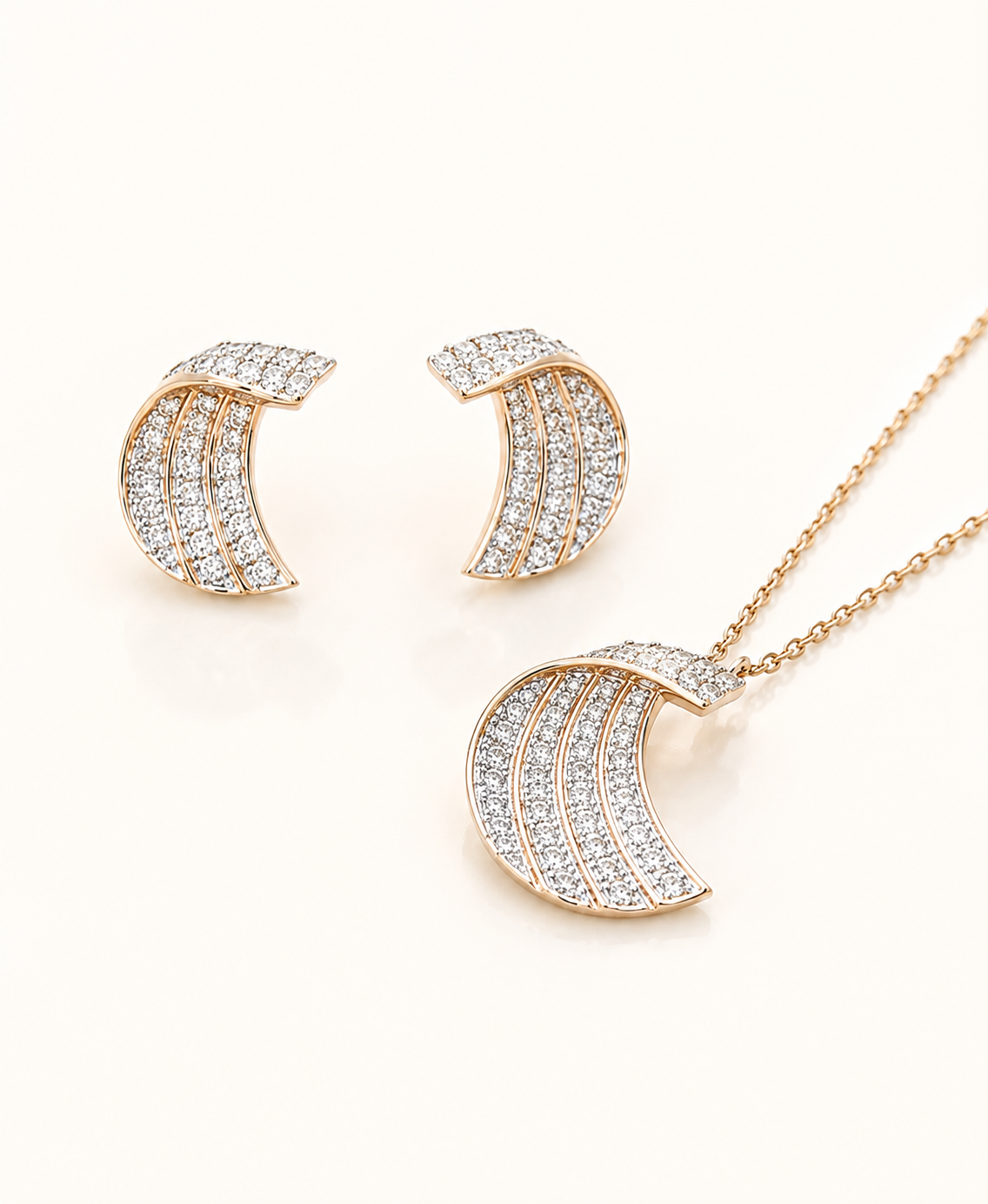 14K Rose Gold Diamond Curved Wave Pendant Set