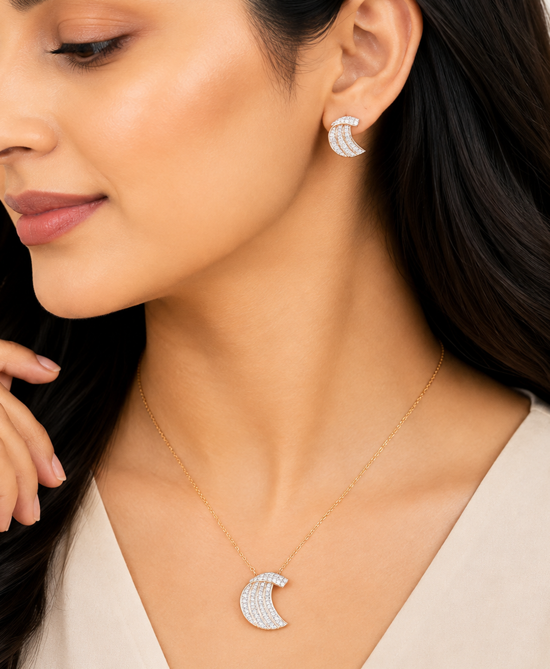 14K Rose Gold Diamond Curved Wave Pendant Set