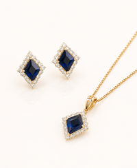 14K Rose Gold Blue Sapphire & Diamond Halo Pendant Set