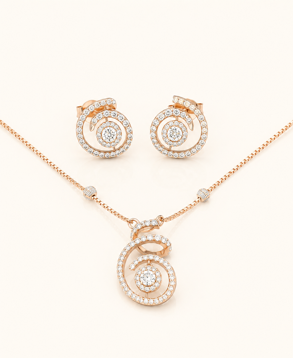 14K Rose Gold Diamond Spiral Circle Pendant Set