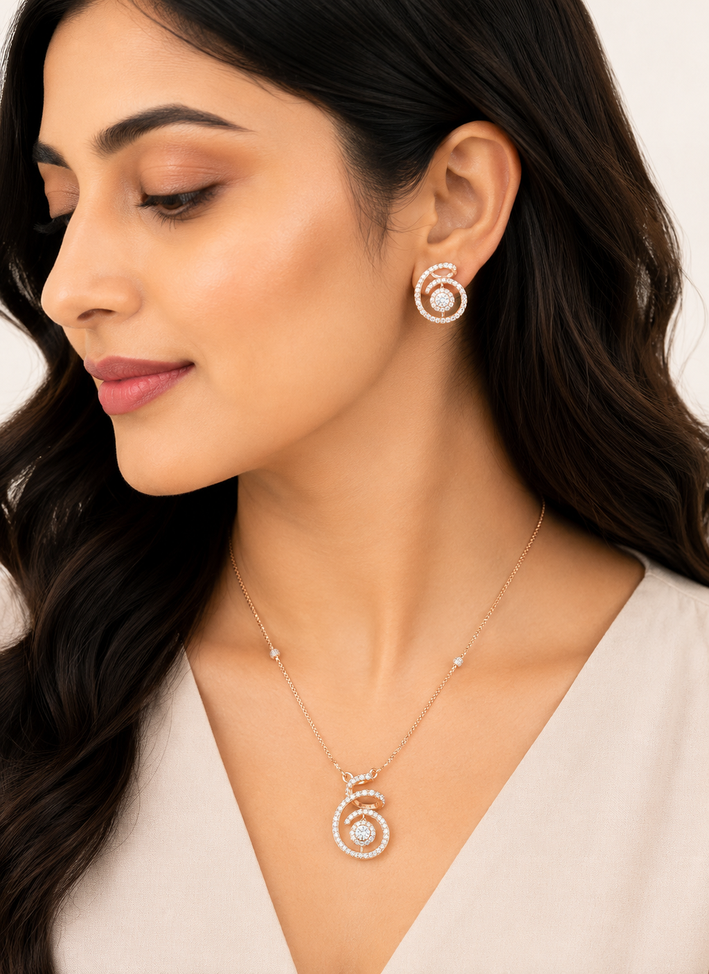 14K Rose Gold Diamond Spiral Circle Pendant Set
