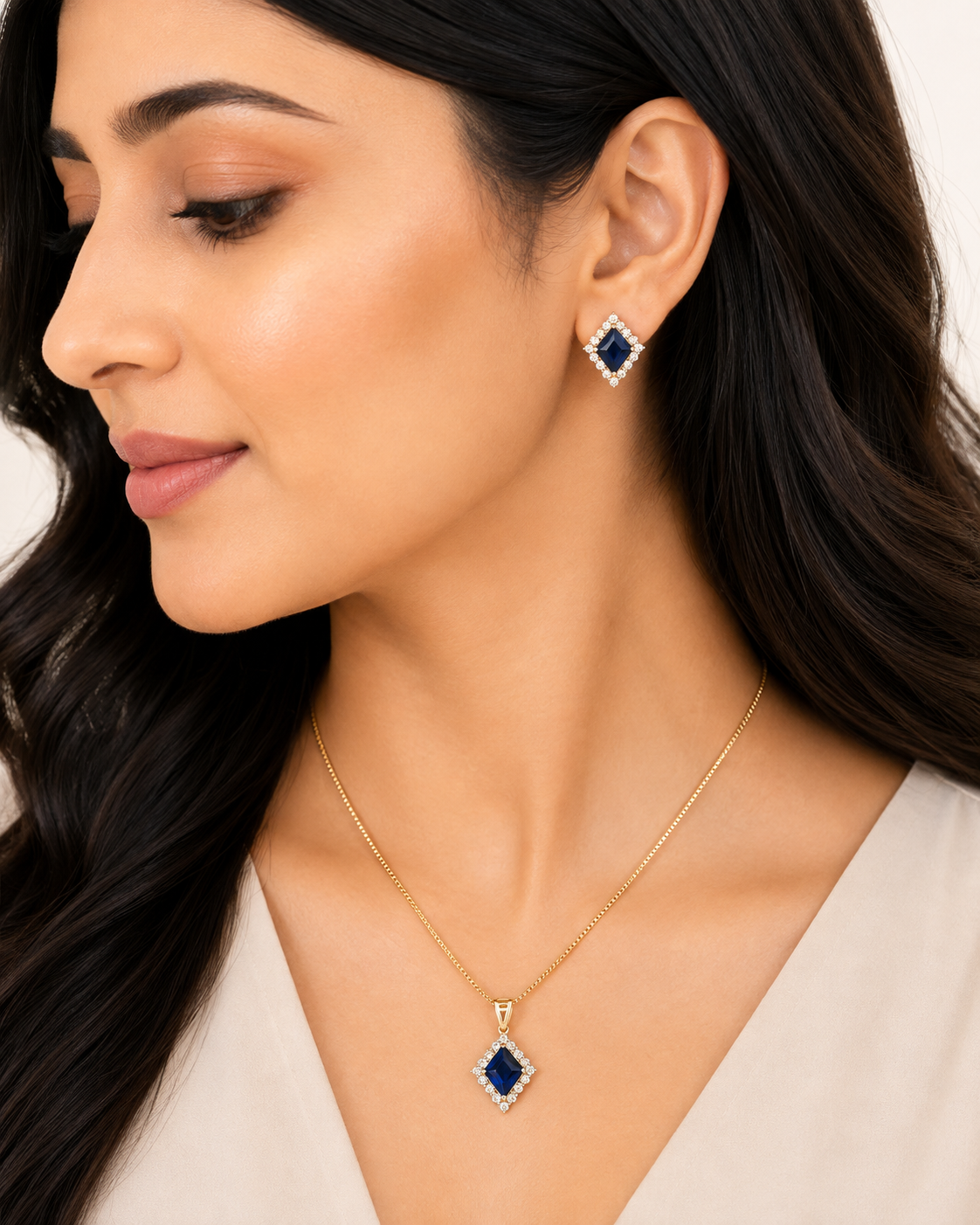 14K Rose Gold Blue Sapphire & Diamond Halo Pendant Set