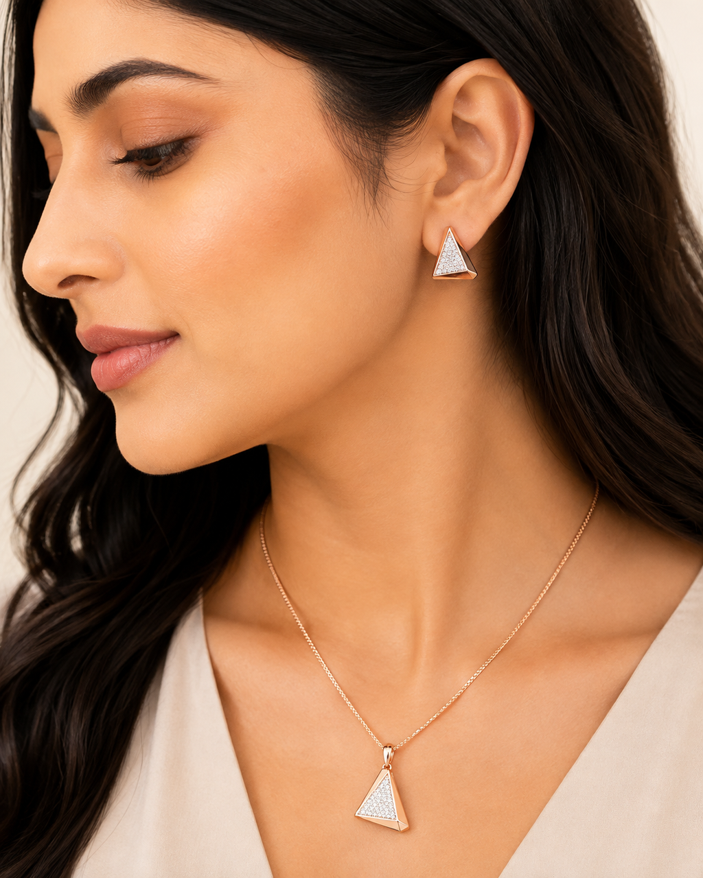 14K Rose Gold Diamond Pyramid Pendant Set
