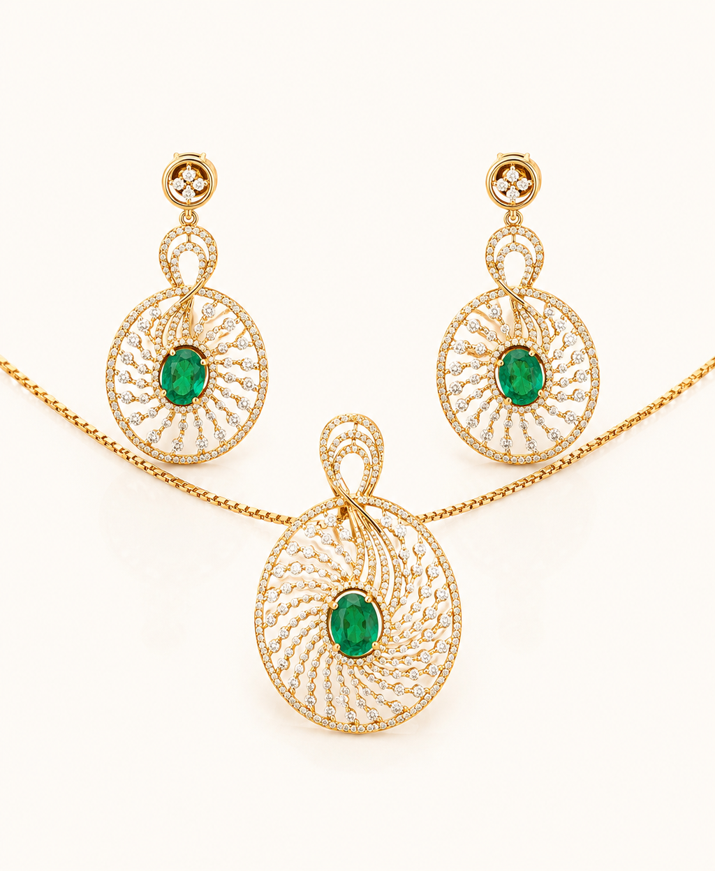 14K Rose Gold Emerald & Diamond Swirl Pendant Set