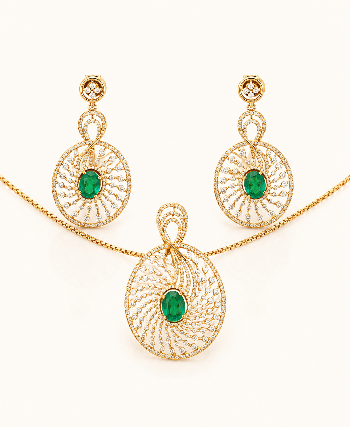 14K Rose Gold Emerald & Diamond Swirl Pendant Set