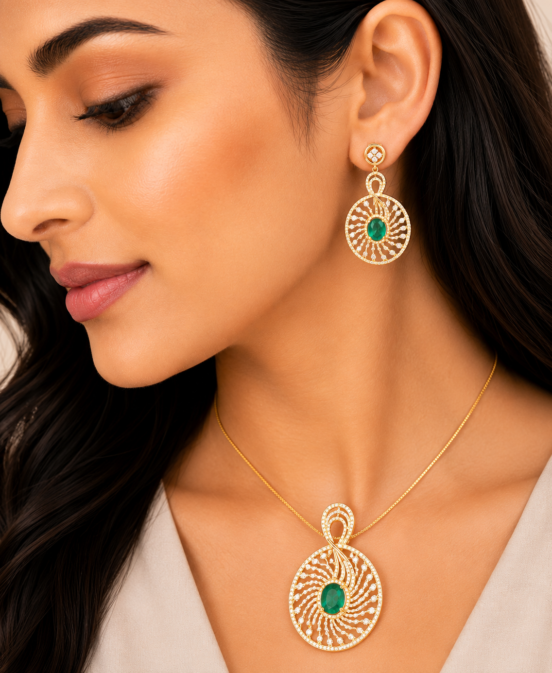 14K Rose Gold Emerald & Diamond Swirl Pendant Set