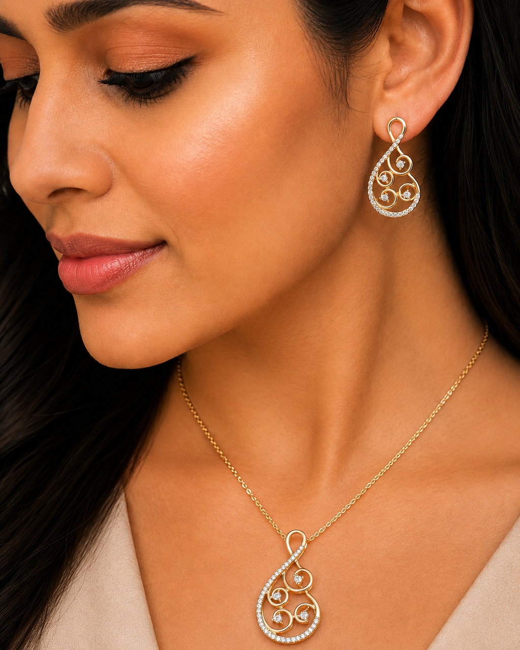 Diamond Filigree Teardrop Pendant Set