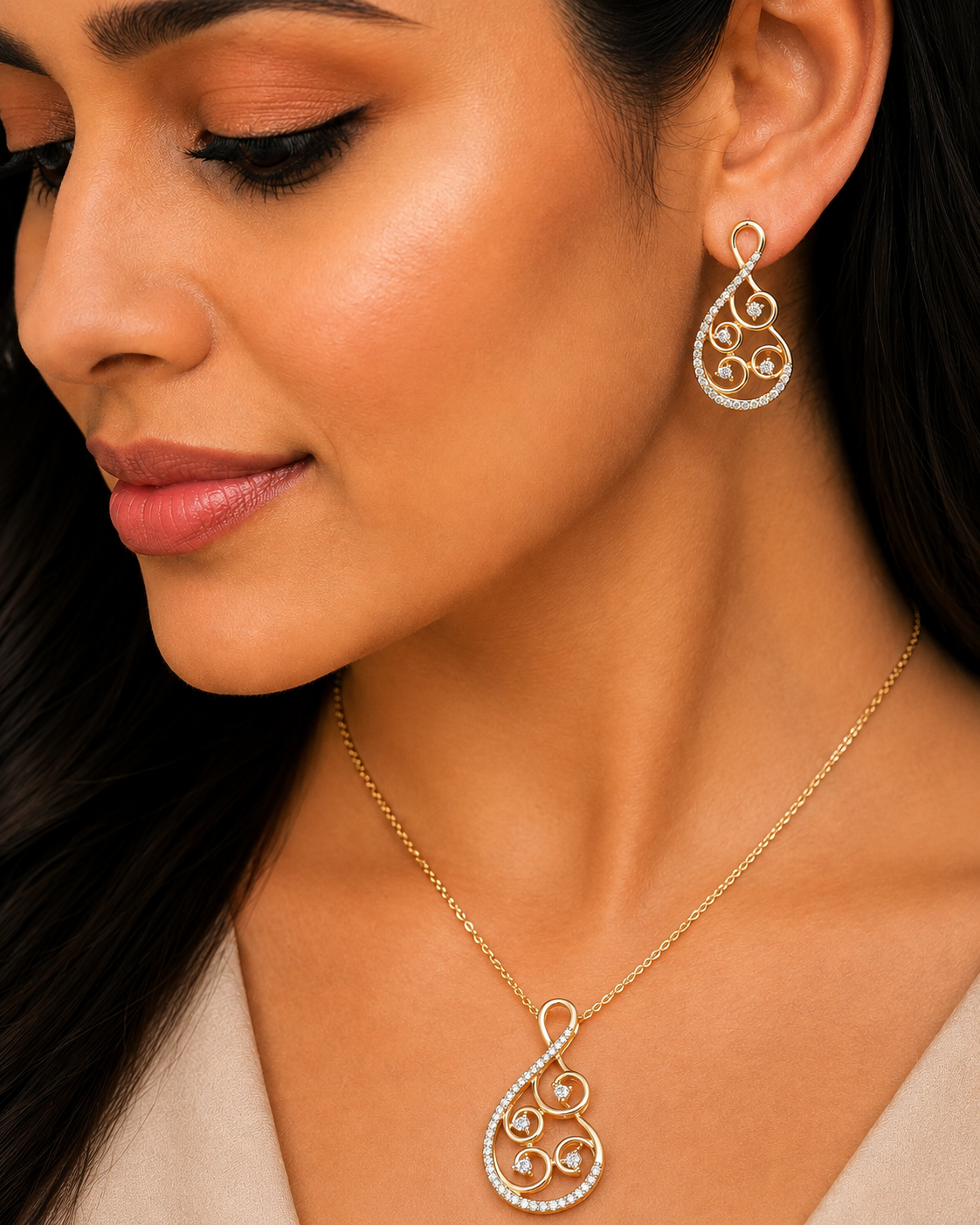 Diamond Filigree Teardrop Pendant Set