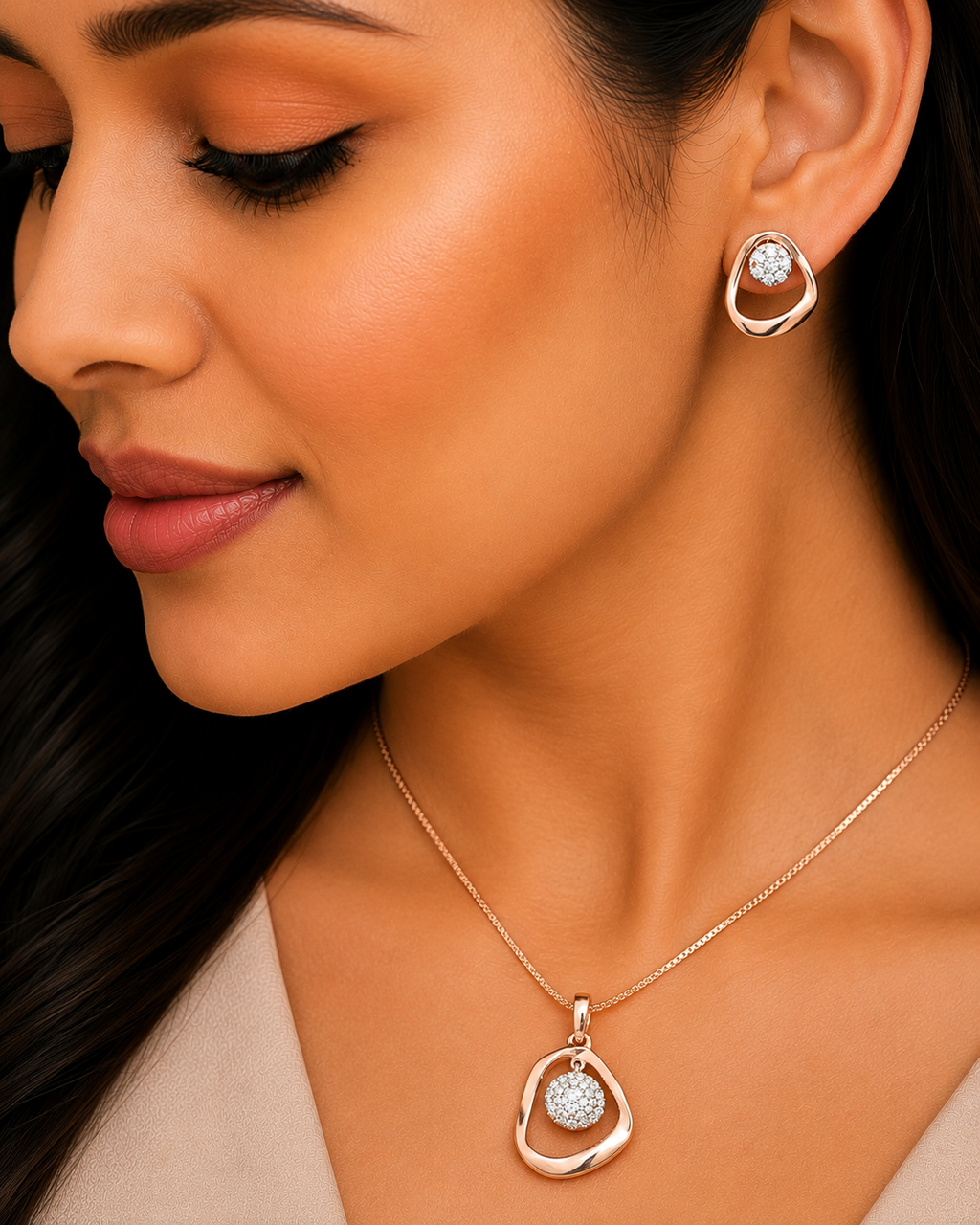 Floating Diamond Circle Pendant Set