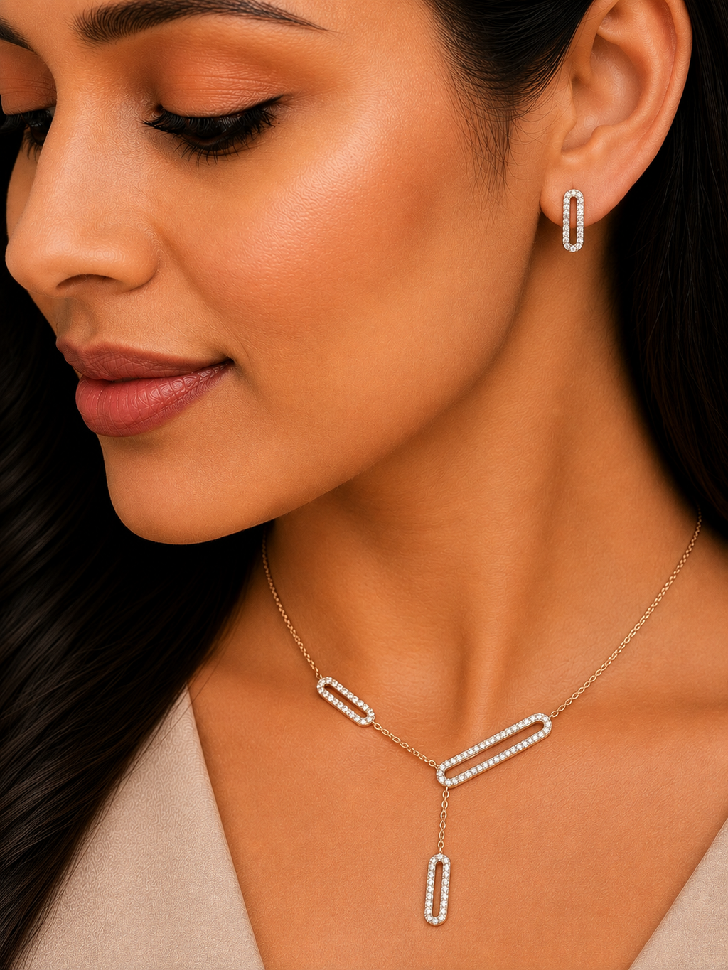 Diamond Geometric Link Pendant Set