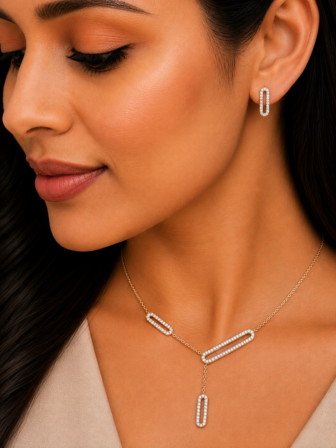 Diamond Geometric Link Pendant Set