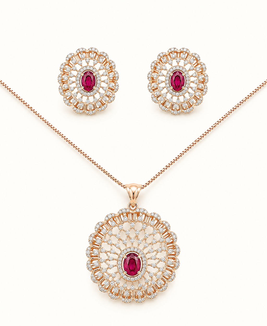 Ruby & Diamond Floral Pendant Set