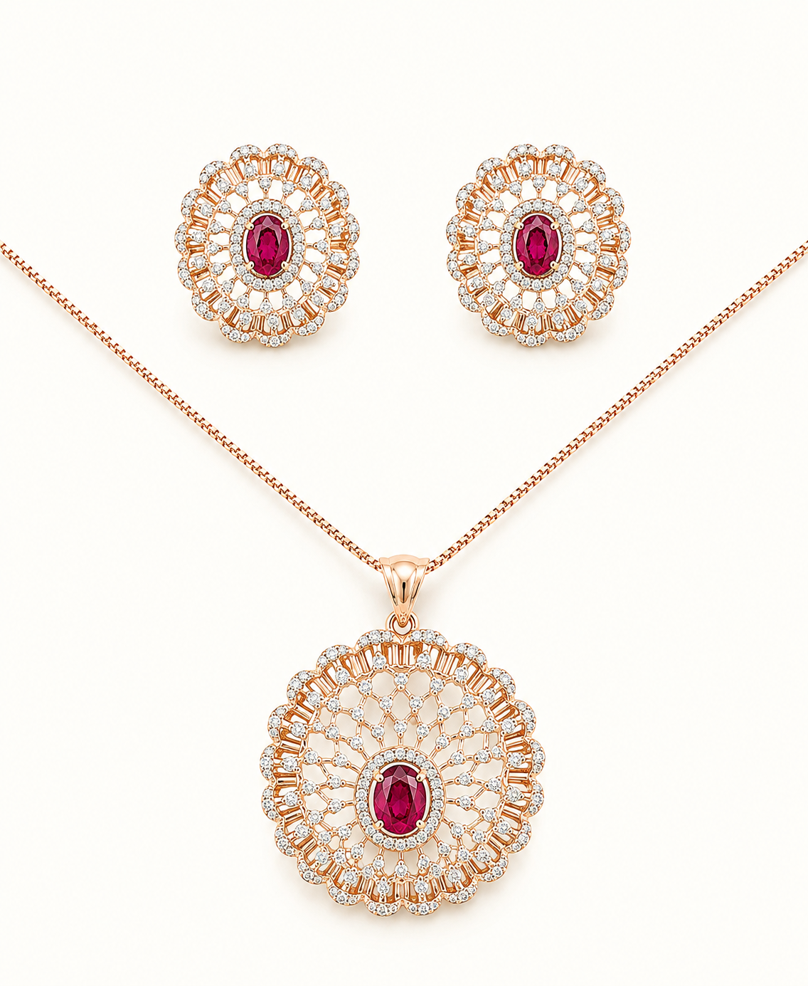 Ruby & Diamond Floral Pendant Set