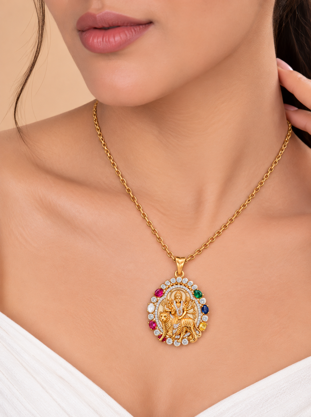 Durga Maa Diamond Pendant with Multicolour Gemstones