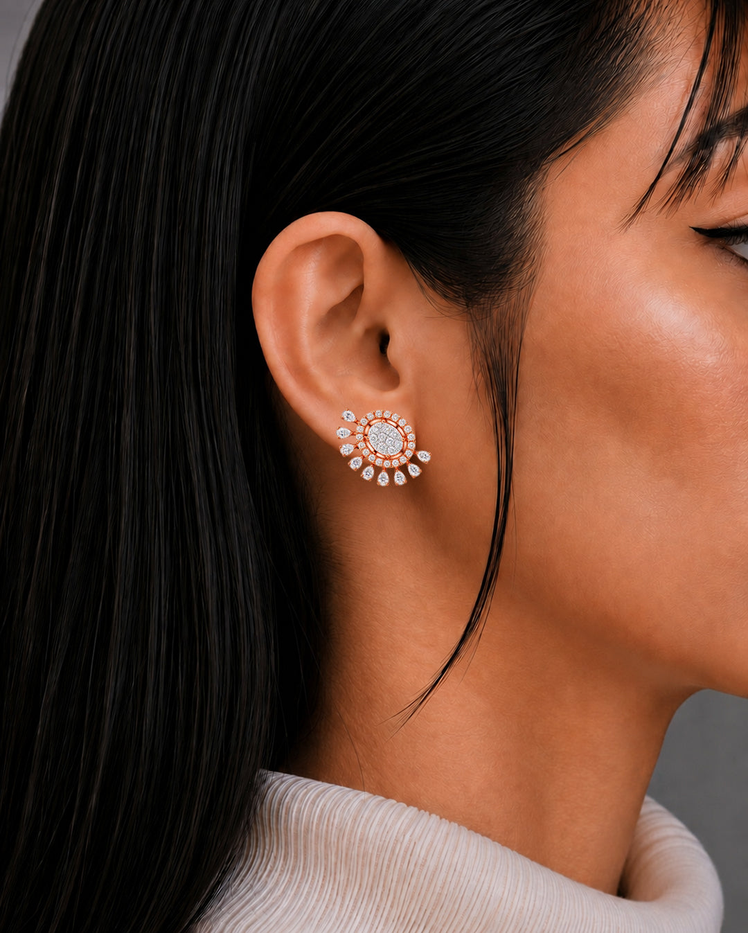 Diamond Sunburst Halo Stud Earrings