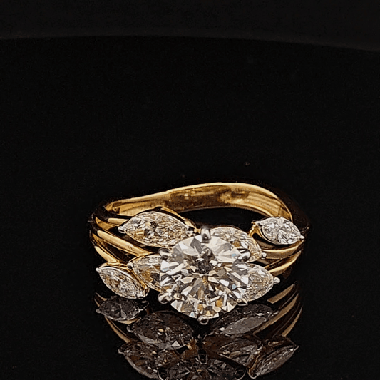 Round Solitaire Diamond Leaf Accent Ring