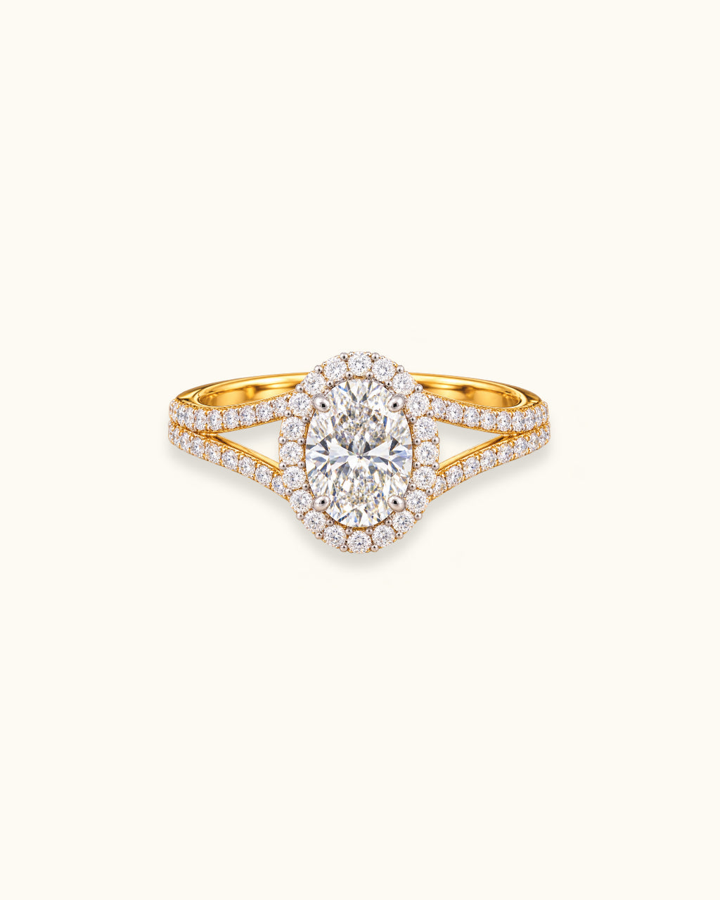 0.6pt Oval Halo Split Shank Diamond Ring