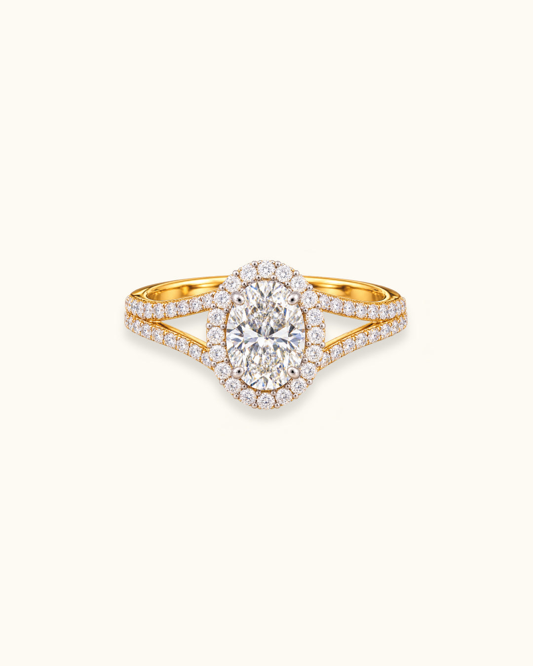 0.6pt Oval Halo Split Shank Diamond Ring