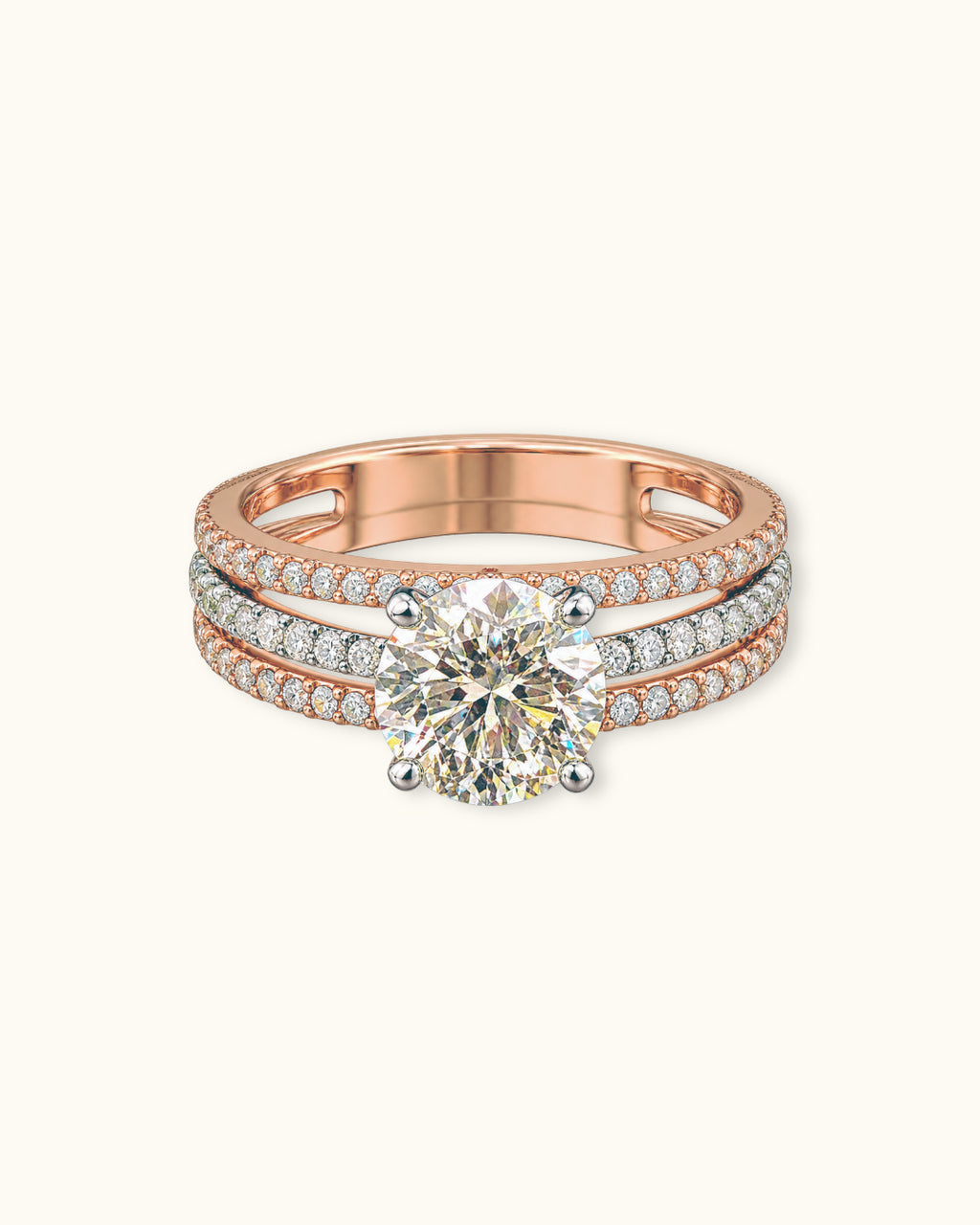 Triple-Row Pavé Diamond Solitaire Ring