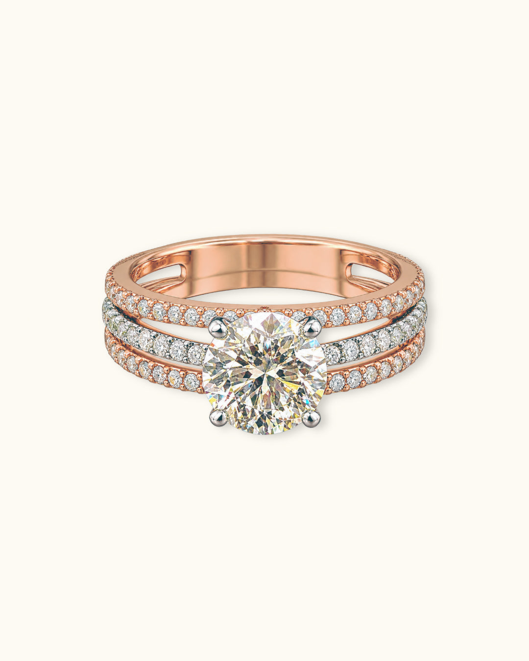 Triple-Row Pavé Diamond Solitaire Ring