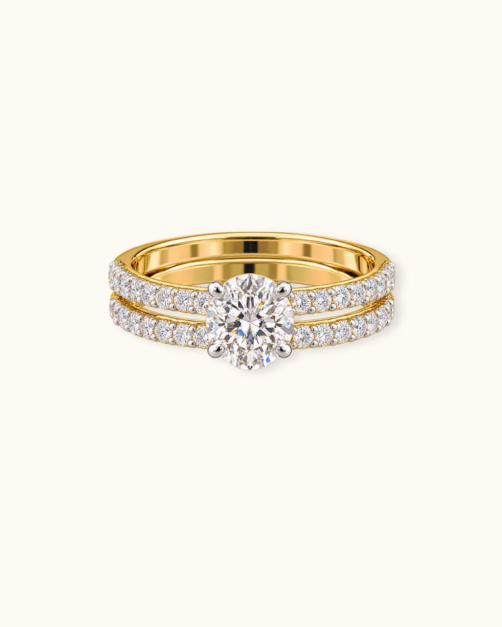Double-Row Pavé Diamond Solitaire Ring in Yellow Gold