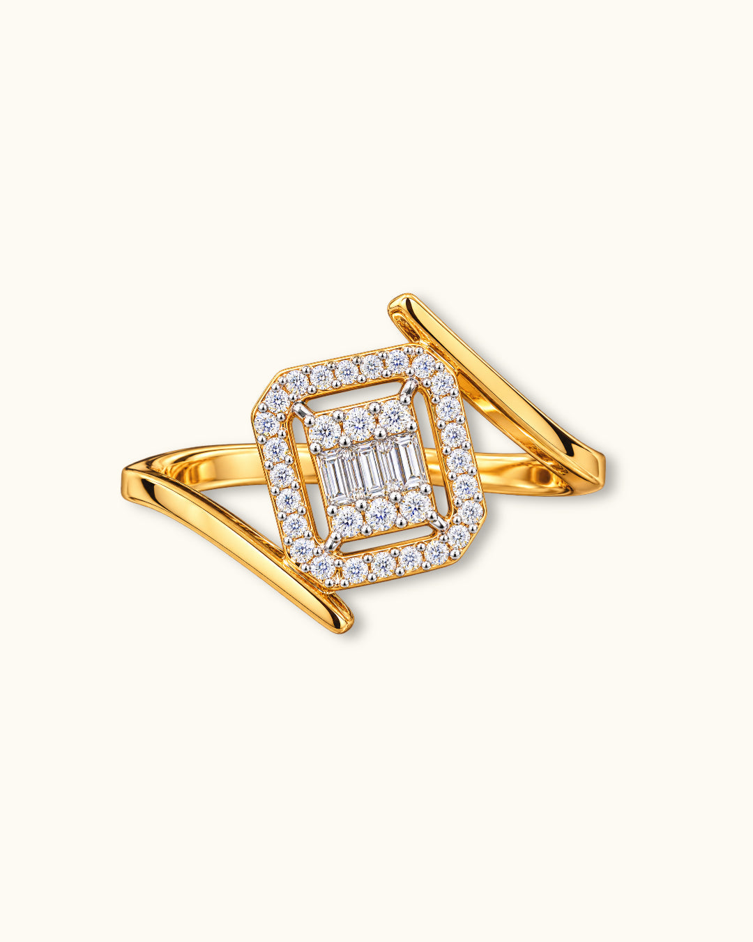 Geometric Diamond Halo Statement Ring in Yellow Gold