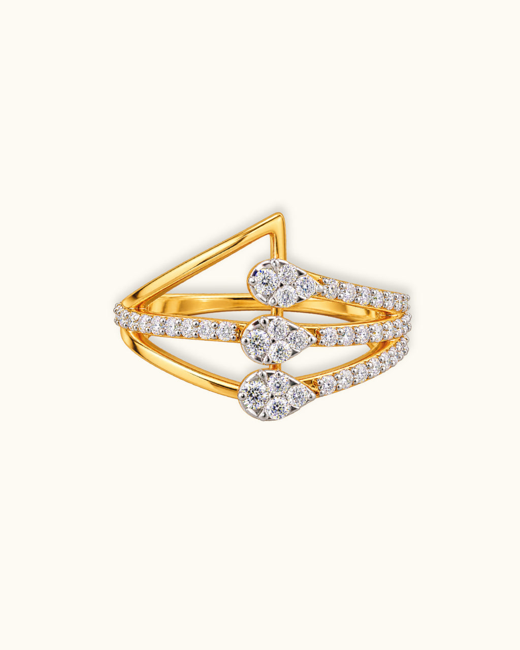 Yellow Gold Finish Triple Floral Diamond Ring