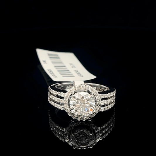 Round Solitaire Diamond Ring with Halo & Triple Split Band