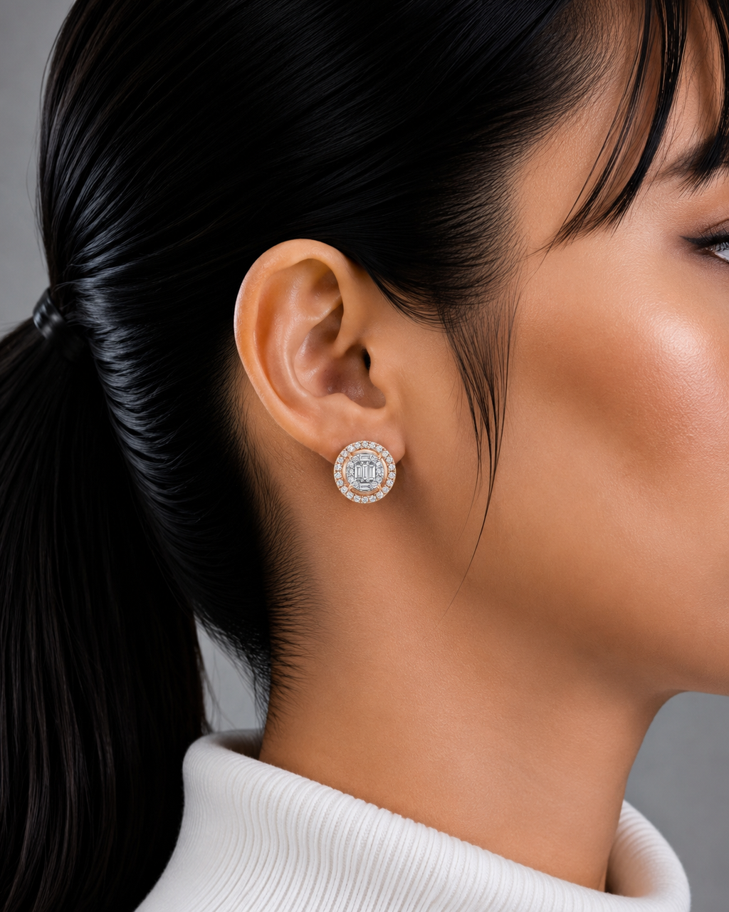 Diamond Halo Circle Stud Earrings