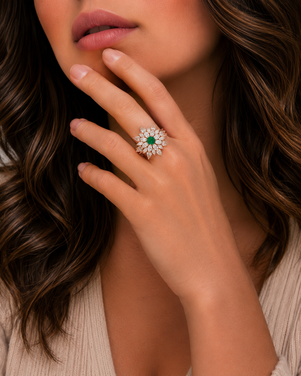 Emerald Sunflower Diamond Ring