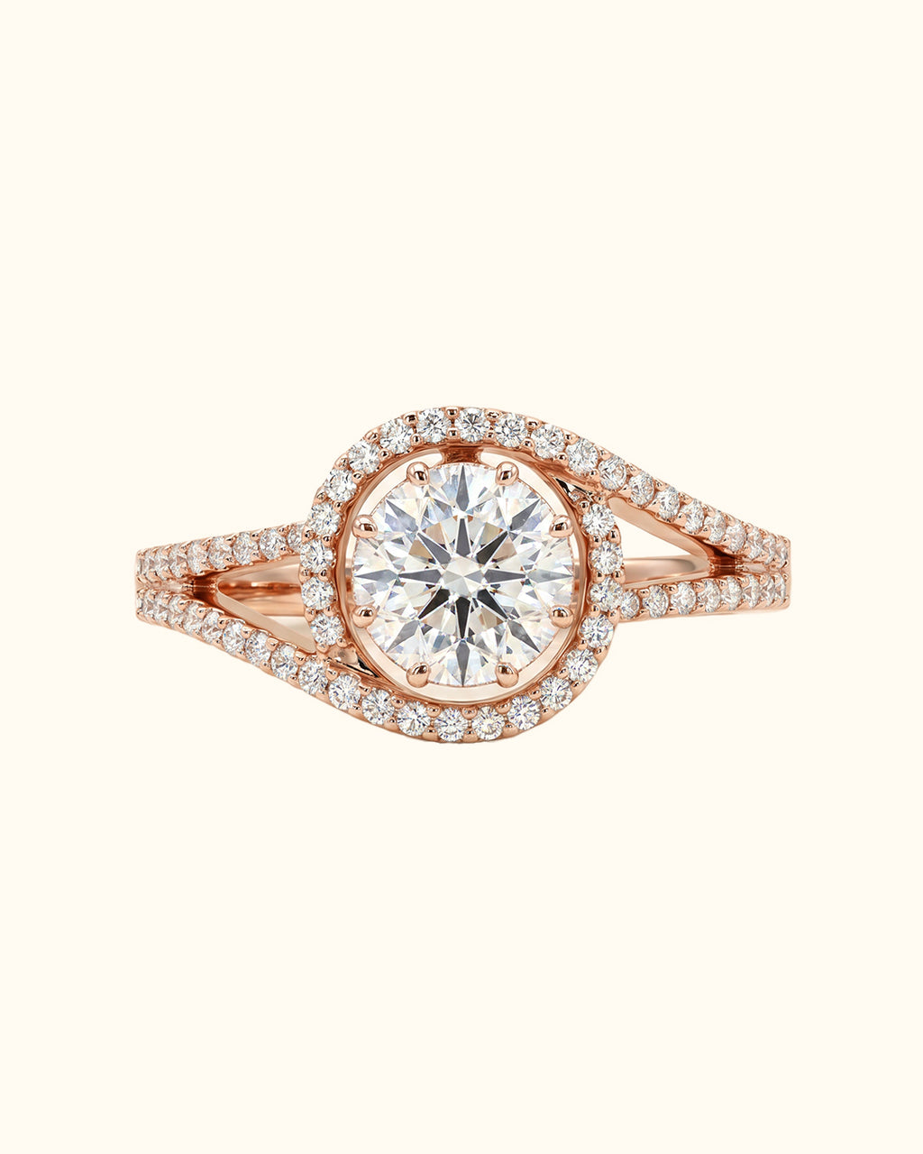 Radiant Halo Split Shank Diamond Ring in Rose Gold
