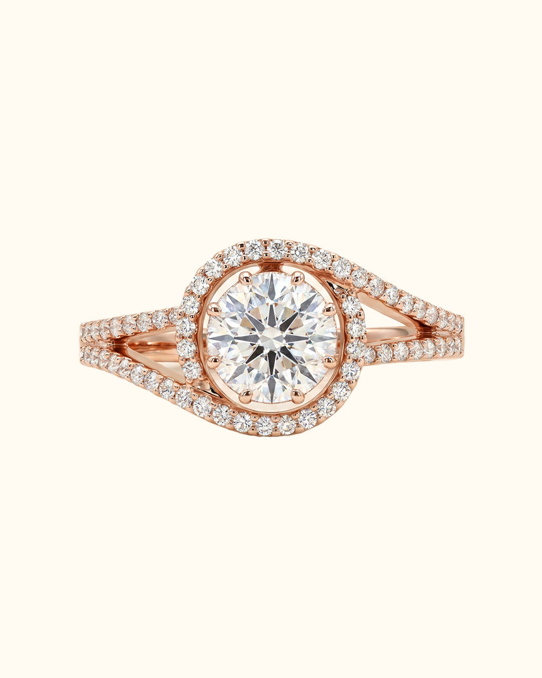 Radiant Halo Split Shank Diamond Ring in Rose Gold