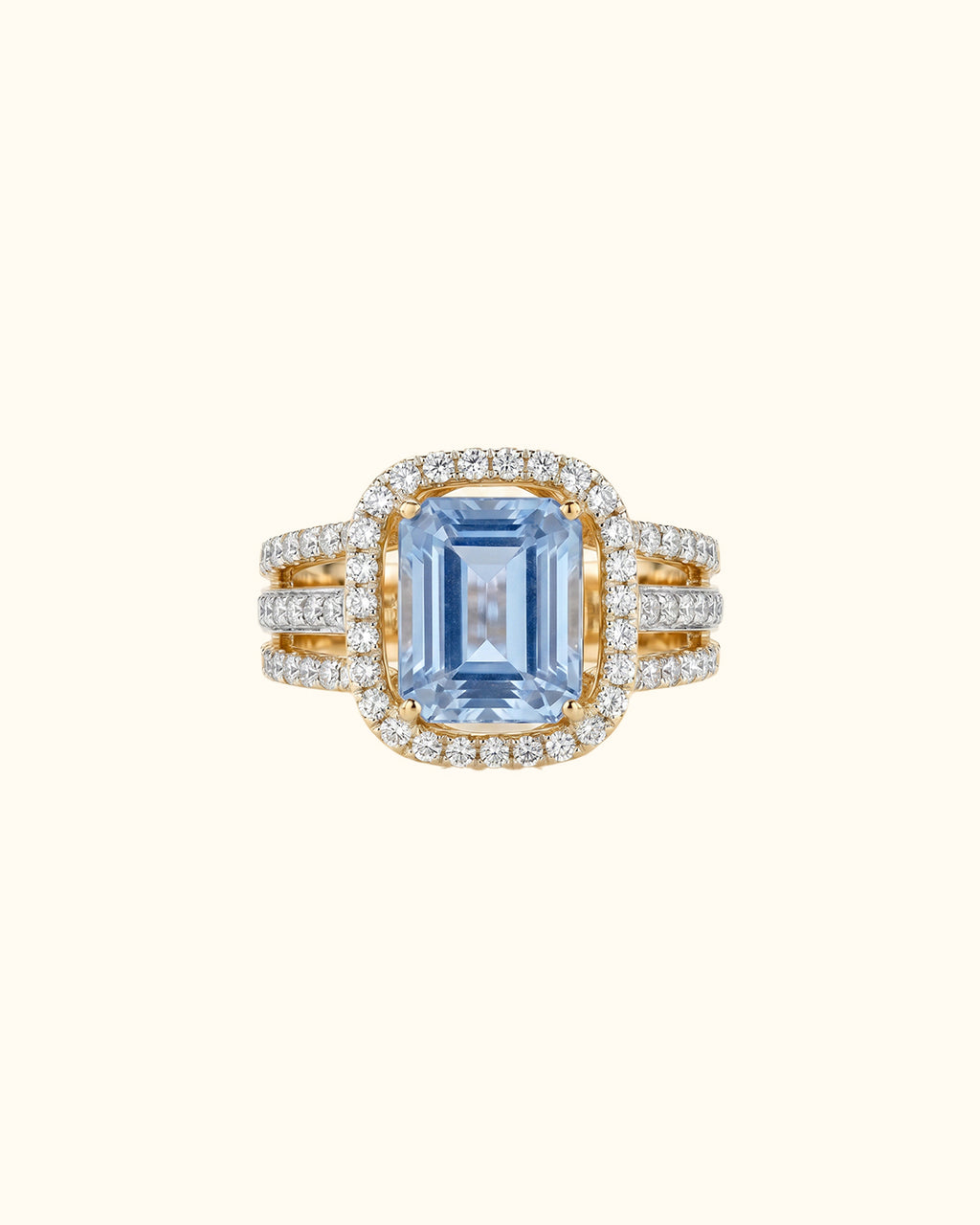 Sky Blue Emerald-Cut Halo Ring in Yellow Gold