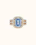 Sky Blue Emerald-Cut Halo Ring in Yellow Gold