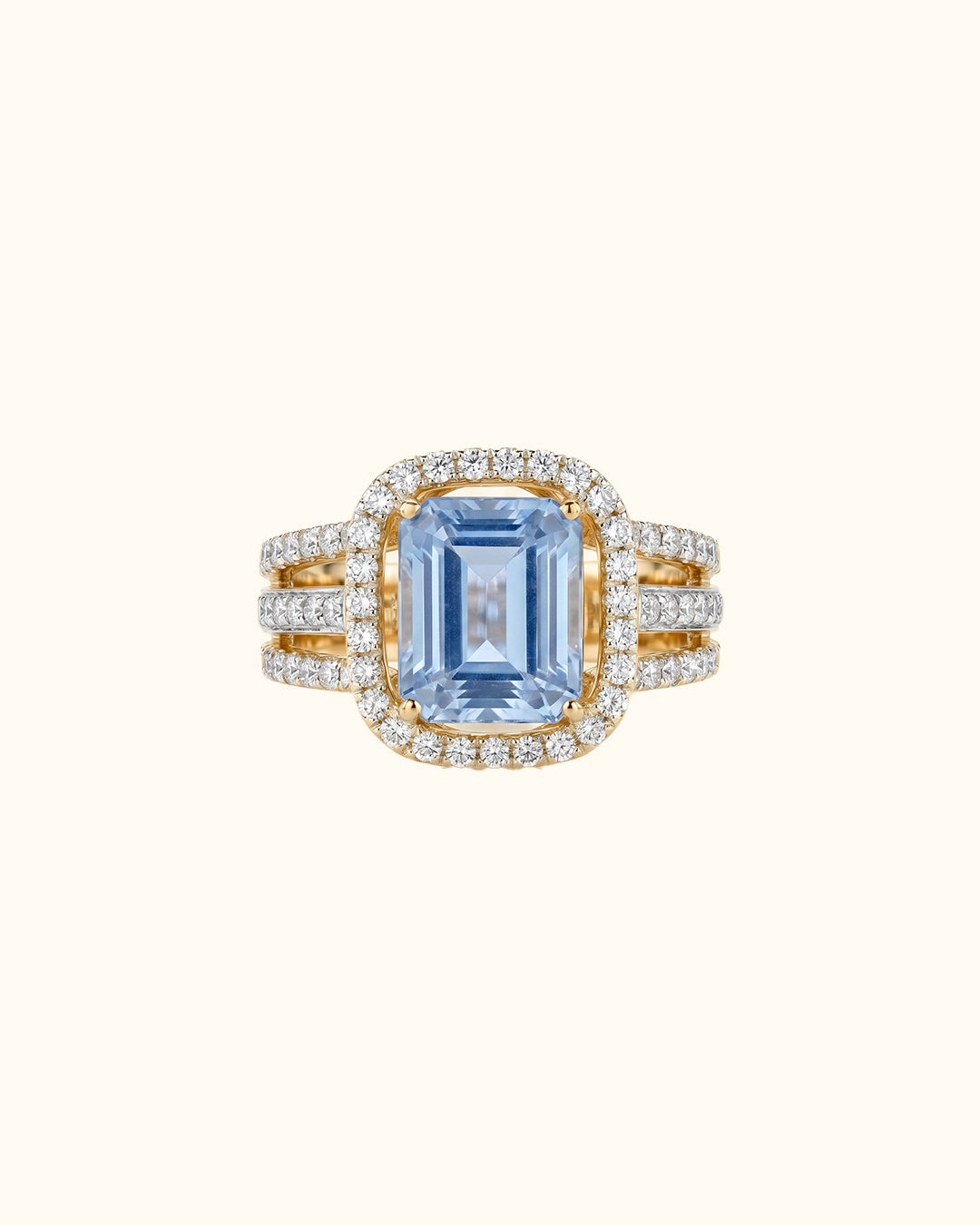 Sky Blue Emerald-Cut Halo Ring in Yellow Gold