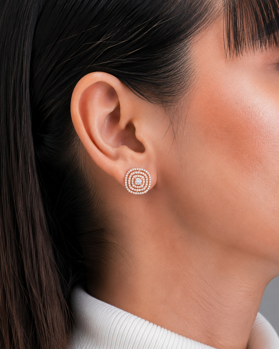 Rose Gold Diamond Concentric Halo Stud Earrings