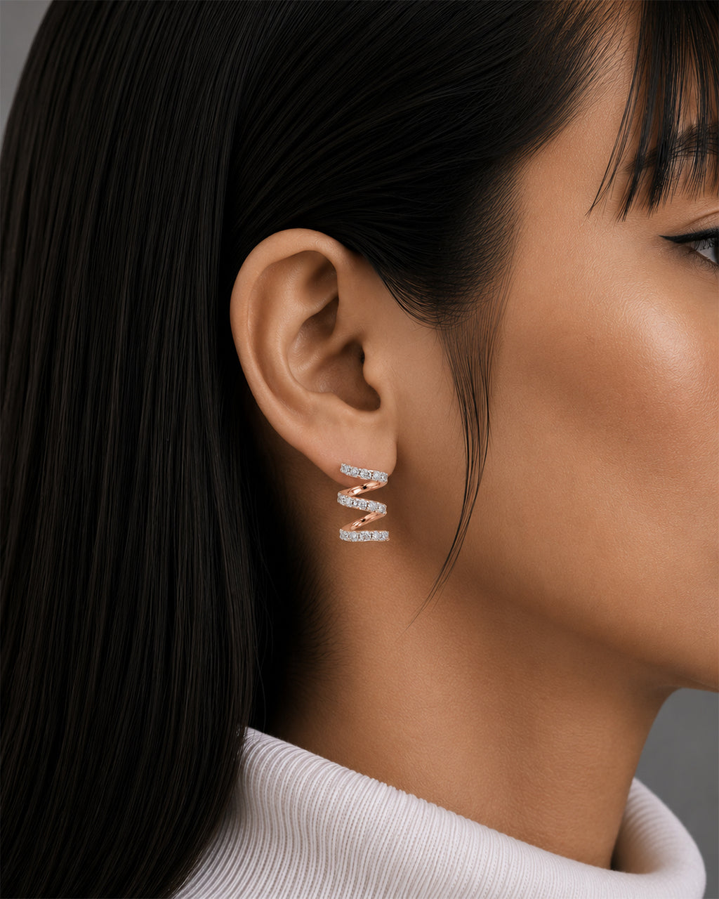Triple Row Diamond Spiral Stud Earrings