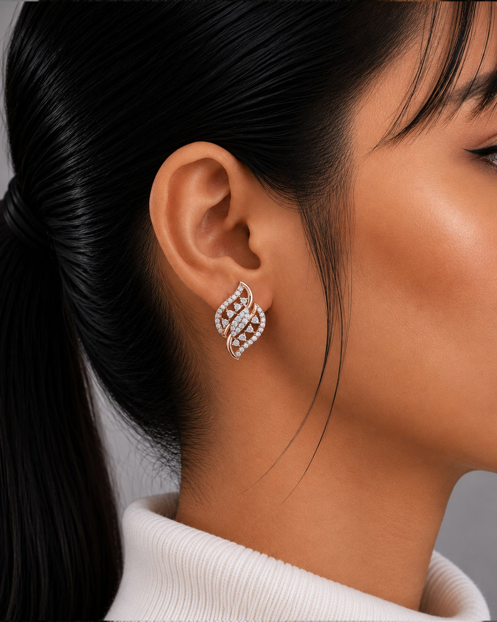 Diamond Leaf Twist Stud Earrings