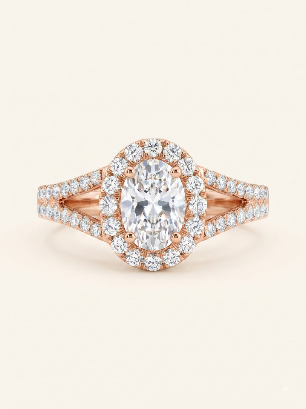 0.6pt Oval Halo Split Shank Diamond Ring