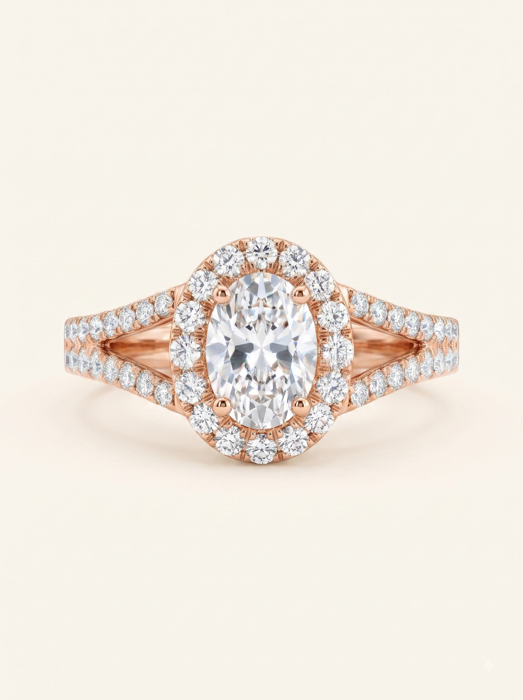 0.6pt Oval Halo Split Shank Diamond Ring