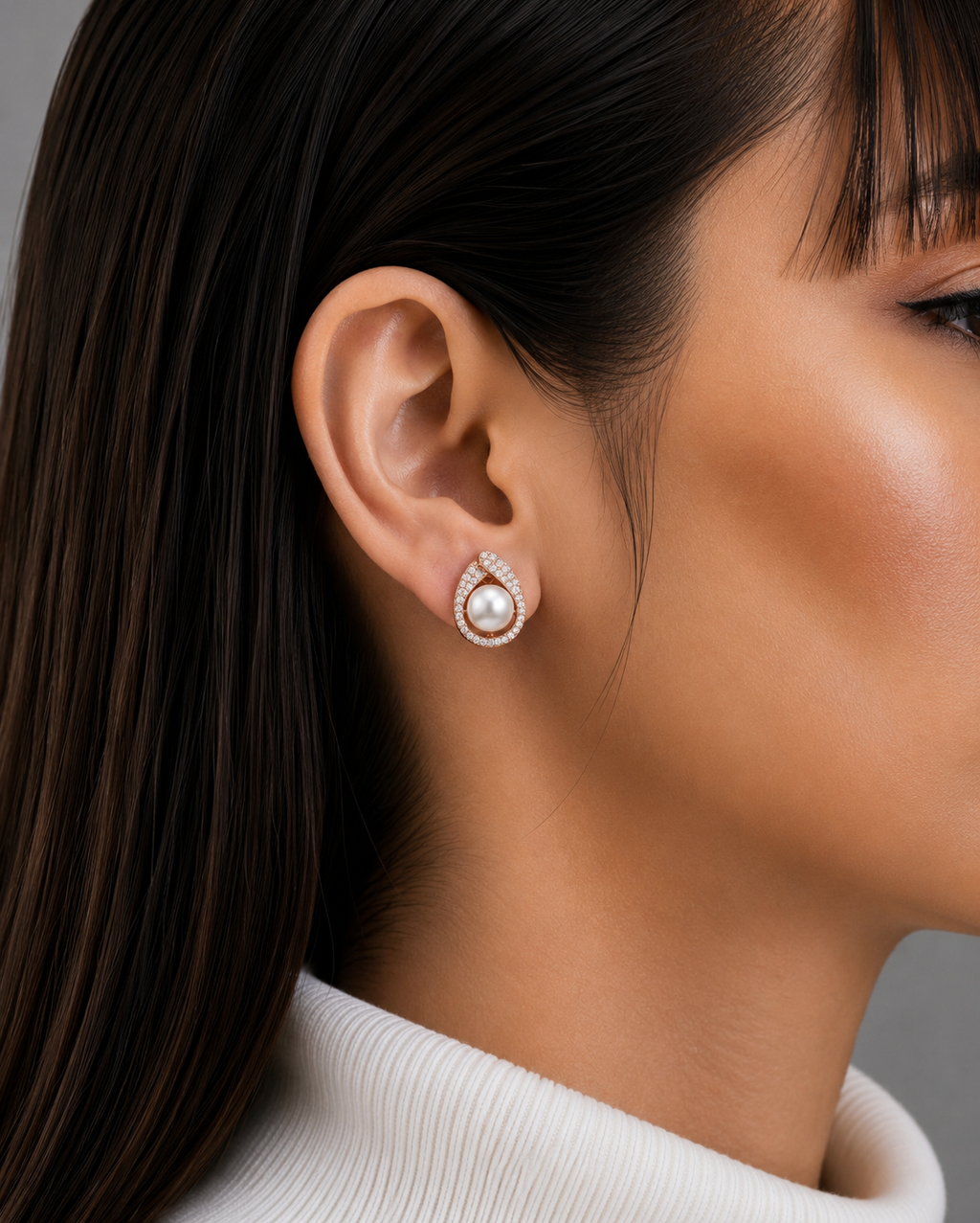 Pearl Halo Teardrop Diamond Stud Earrings
