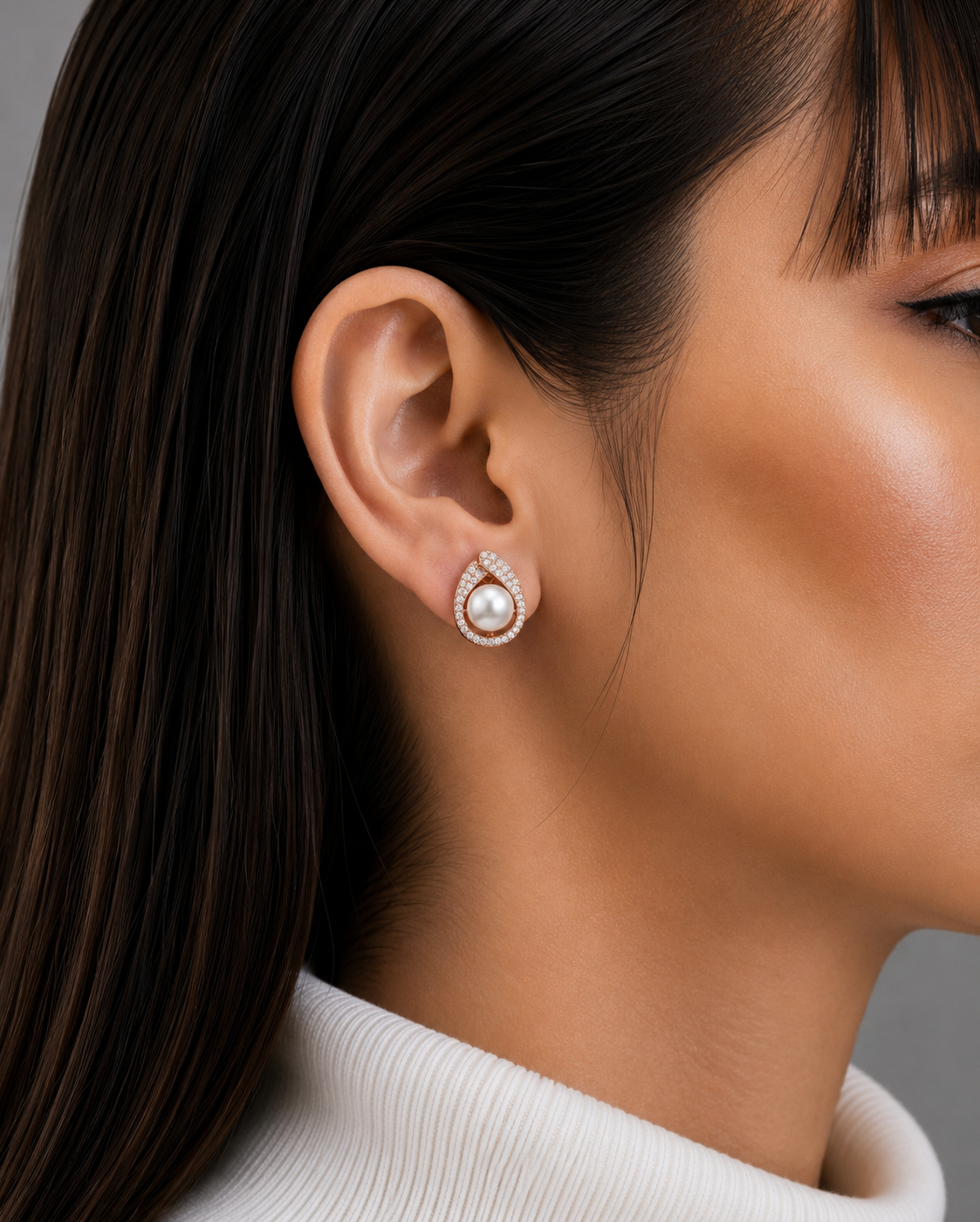 Pearl Halo Teardrop Diamond Stud Earrings