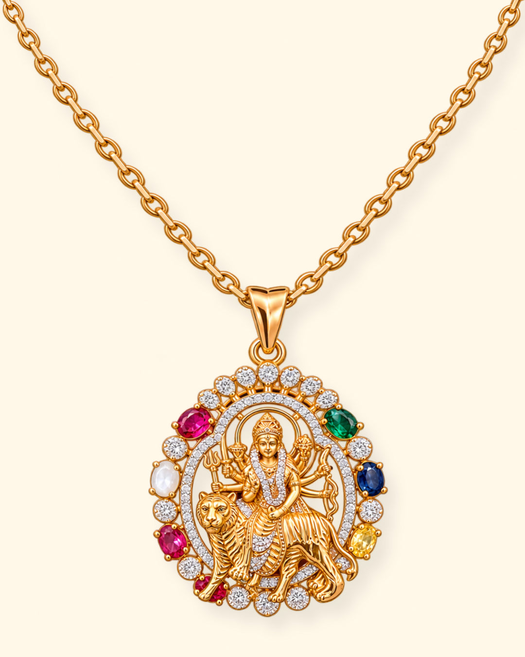 Durga Maa Diamond Pendant with Multicolour Gemstones